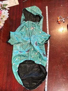 The Dog Face Light Rain Coat Paisley Pattern Teal with Hood and Velcro Closure
